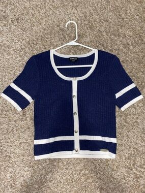 bebe Navy and White Short Sleeve Faux Button Cardigan